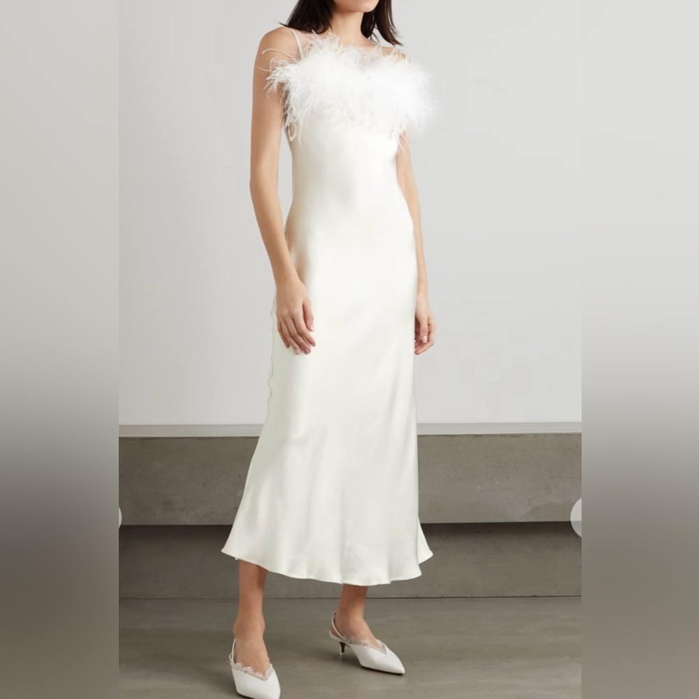 SLEEPER white feather-trimmed satin midi dress